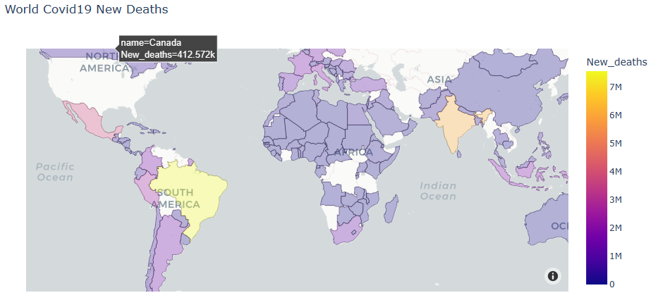 The World COVID-19 New Deaths using px.choropleth_mapbox